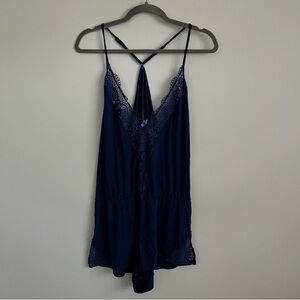 Victoria’s Secret Strappy V Neck Navy Blue Lace Trim Romper-Women’s Size Large